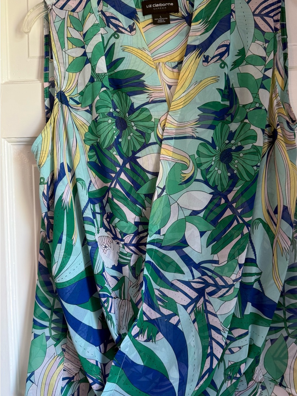 Liz Claiborne Tropical Floral V-Neck Sleeveless Dress in Green, Blue & Yellow